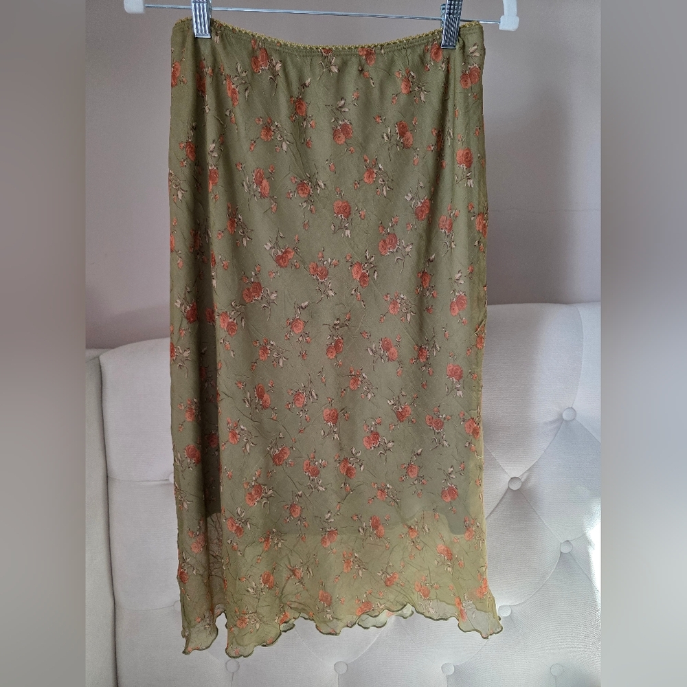 Olive Green Floral Midi Skirt - Elegant Women's Skirt